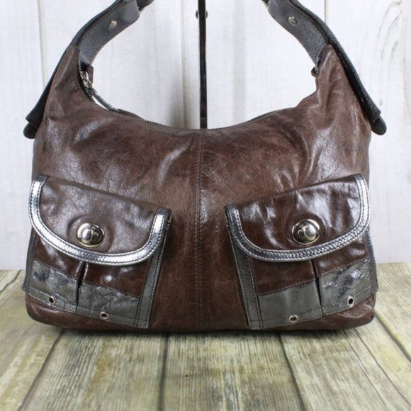 Tano Brown Distressed Leather Purple Lined Silver Trim Hobo Purse Shoulder Bag - Picture 2 of 10